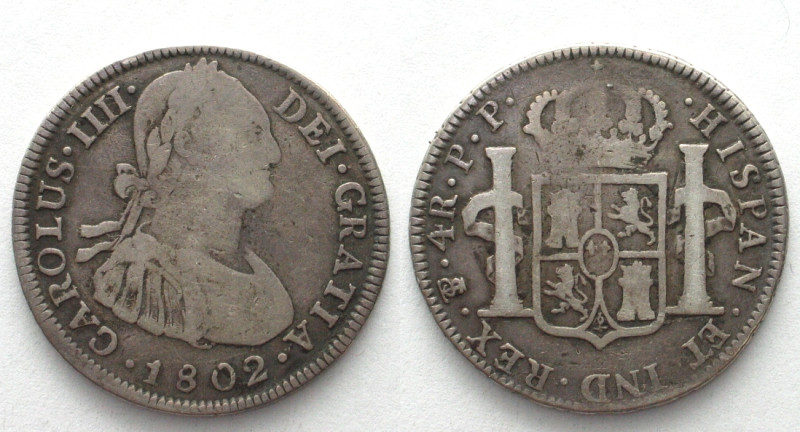 BOLIVIA. 4 Reales 1802 PP, Potosi mint, CHARLES IV, silver, VF-, RARE! KM # 72