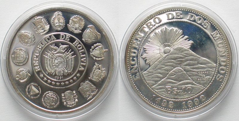 BOLIVIA 10 Bolivianos 1991 Discovery IBERO-AMERICA silver Proof! , KM 207, weigh...