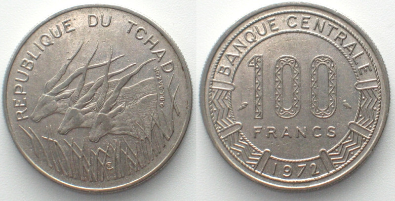 CHAD. 100 Francs 1972, nickel, XF. KM# 2.