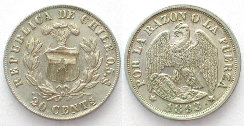 CHILE. 20 Centavos 1893, silver, UNC! KM # 138.4