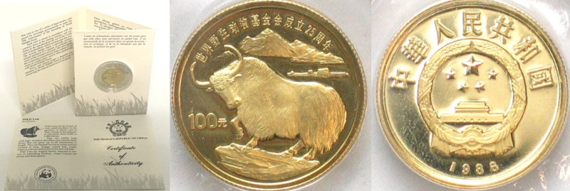 CHINA. 100 Yuan 1986, Wild Yak, gold Proof , KM # 151. In official WWF folder wi...