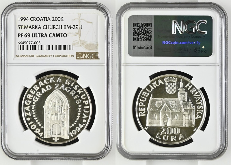 CROATIA. 200 Kuna 1994, St. Mark's Church, silver, NGC PF 69 UC. The only one gr...