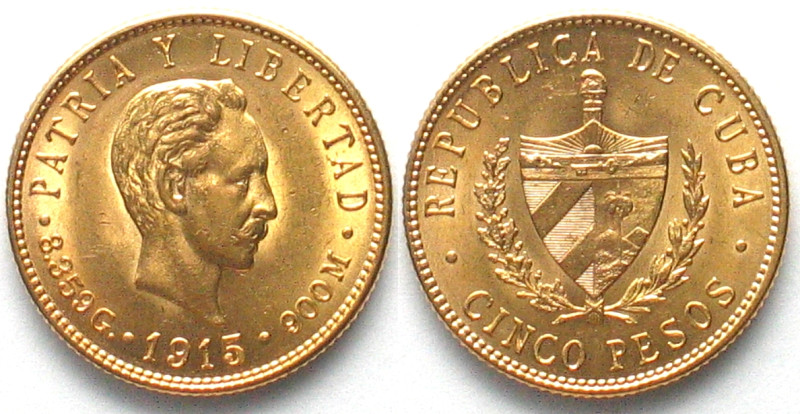 CUBA 5 Pesos 1915 gold UNC! KM# 19. Weight: 8.36 g (0.900)