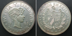 CUBA. Souvenir Peso 1965, CUBANOS EN EXILIO, silver, reeded edge variety, Proof, RARE!