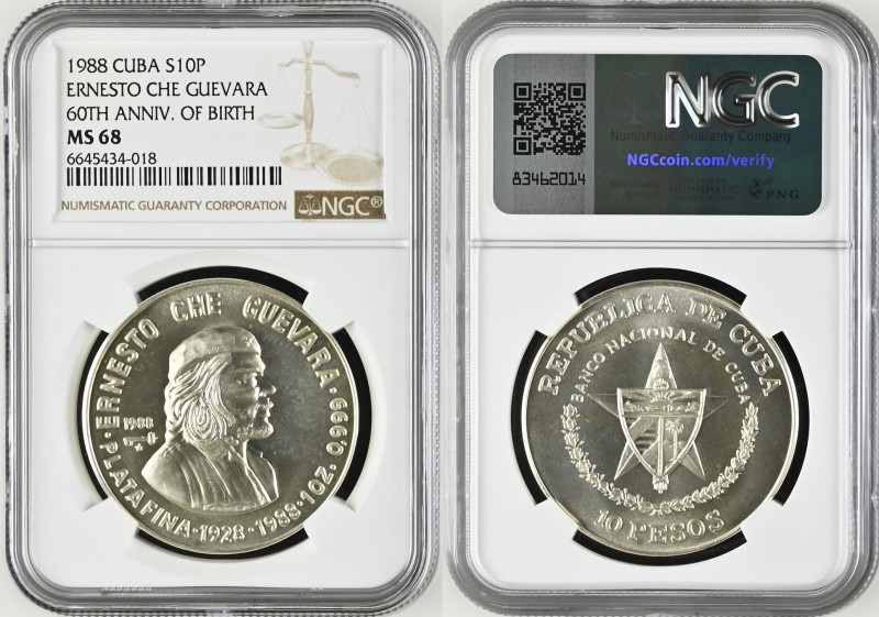 CUBA. 10 Pesos 1988, CHE GUEVARA, silver, TRIAL STRIKE, matte, NGC MS 69. The on...