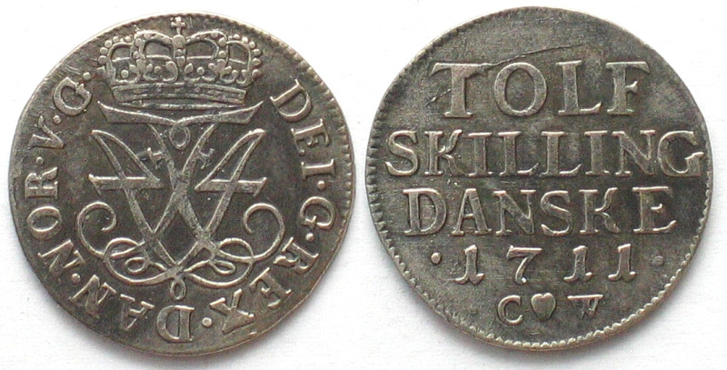 DENMARK. 12 Skilling 1711, FREDERIK IV, silver, XF! Hede 43a, KM # 495. Die crac...