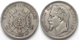 FRANCE. 5 Francs 1870 BB, Strasbourg mint, NAPOLEON III, silver, XF