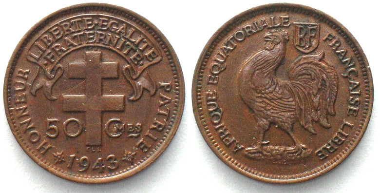 FRENCH EQUATORIAL AFRICA. 50 Centimes 1943, bronze, AU. KM# 1a, Lecompte 9.