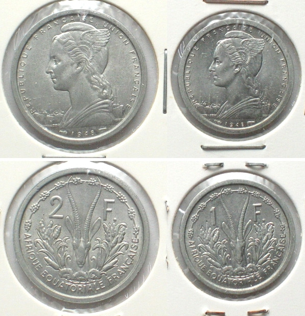 FRENCH EQUATORIAL AFRICA. 1 & 2 Francs 1948, Alu, UNC