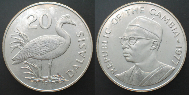 GAMBIA. 20 Dalasis 1977, Spur-winged goose, WWF, silver, UNC. KM# 17. Weight: 28...