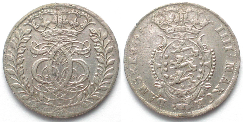 GLÜCKSTADT. 4 Mark Danske 1695, CHRISTIAN V of DENMARK, silver, XF! , KM# 80, Da...