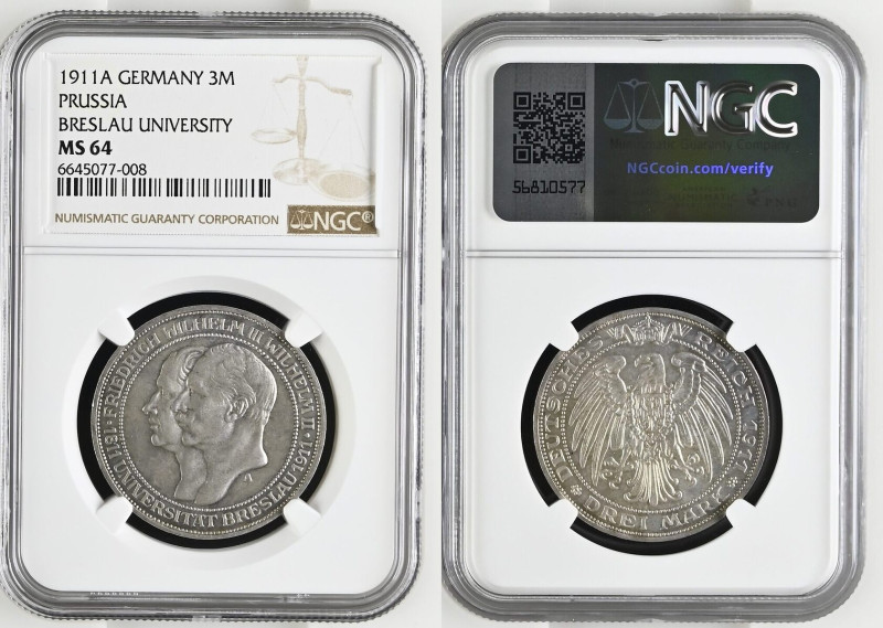 PRUSSIA. 3 Mark 1911 A, Breslau University, Proof. Although graded MS 64 by NGC ...