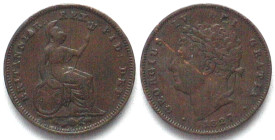 GREAT BRITAIN. 1/3 Farthing 1827, George IV, copper, VF+