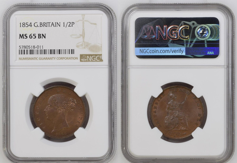 GREAT BRITAIN. Halfpenny 1854 VICTORIA, copper, NGC MS 65 BN KM # 726