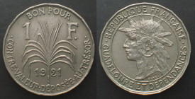 GUADELOUPE. 1 Franc 1921, Cu-Ni, AU!