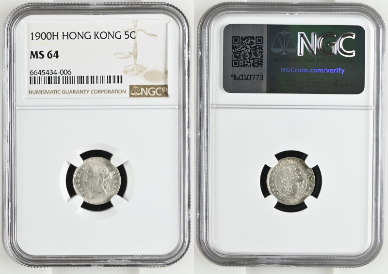 HONG KONG. 5 Cents 1900 H VICTORIA silver, NGC MS 64