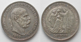 HUNGARY. 5 Korona 1907, 40th Anniversary of Reign, Franz Joseph I, silver, AU!