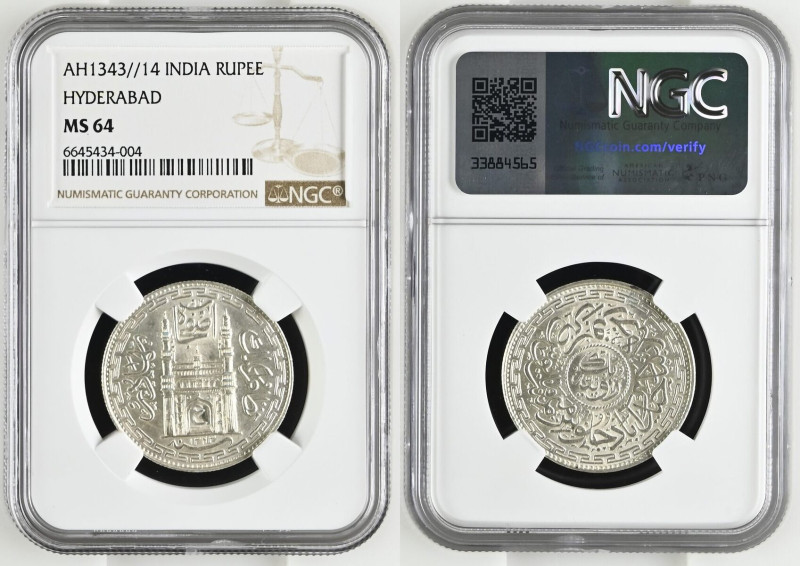 INDIA. Hyderabad, Rupee AH 1343//14 (1924), MIR USMAN ALI KHAN, silver, NGC MS 6...