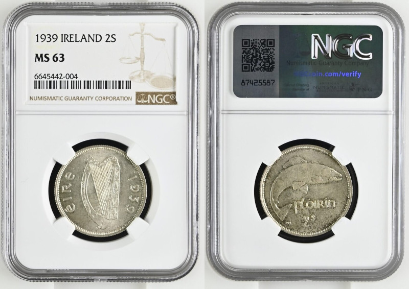 IRELAND 1 Florin 1939 SALMON silver NGC MS 64. KM# 15.