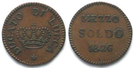 LUCCA. 1/2 Soldo 1826, Carlo Ludovico di Borbone, copper, XF