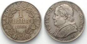 PAPAL STATES. 1 Lira 1866 R, AN.XXI, Pius IX, silver, XF