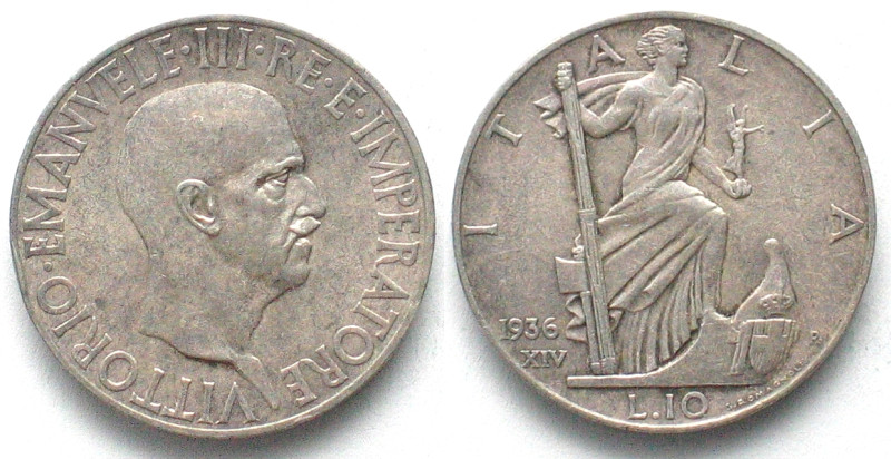 ITALY. 10 Lire 1936 XIV, Vittorio Emanuele III, silver, AU, KM# 80. Tiny edge ni...