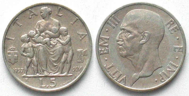 ITALY. 5 Lire 1937 R, Yr. XV, Vittorio Emanuele III, silver, key date! AU, KM# 7...