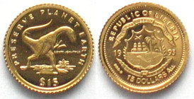 LIBERIA 15 $ 1993 Compsognathus DINOSAURS Preserve Planet Earth gold Proof RARE!