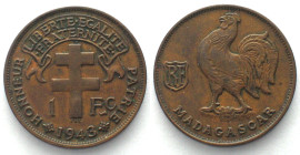 MADAGASCAR. 1 Franc 1943, bronze, AU!