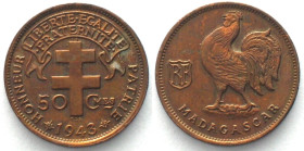 MADAGASCAR. 50 Centimes 1943, bronze, AU!