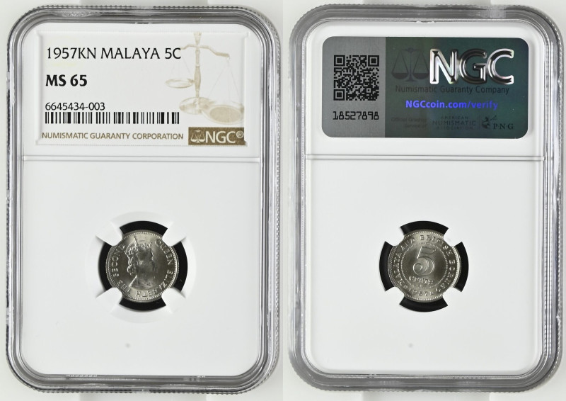 MALAYA & BRITISH BORNEO 5 Cents 1957 KN, Birmingham, ELIZABETH II, Cu-Ni, NGC MS...