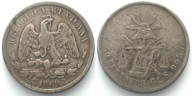 MEXICO. 50 Centavos 1869 Go, Guanajuato, silver, VF