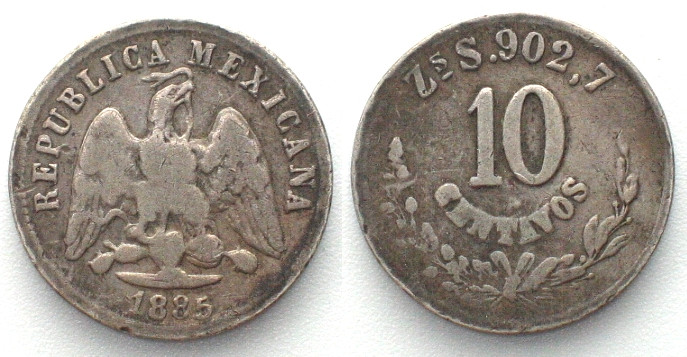 MEXICO. 10 Centavos 1885 Zs S, silver, VF. KM# 403.10.