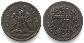MEXICO. 1 Centavo 1887 Mo, copper, VF