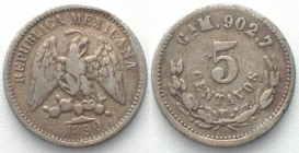 MEXICO. 5 Centavos 1890 Ca M, Chihuahua, silver, VF