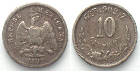 MEXICO. 10 Centavos 1891 Go R, silver, VF