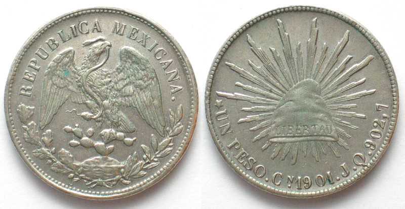 MEXIKO. Peso 1901 JQ Cn, Culiacan, silver, AU! KM # 409