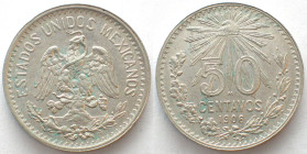 MEXICO. 50 Centavos 1906, closed 9, silver, AU
