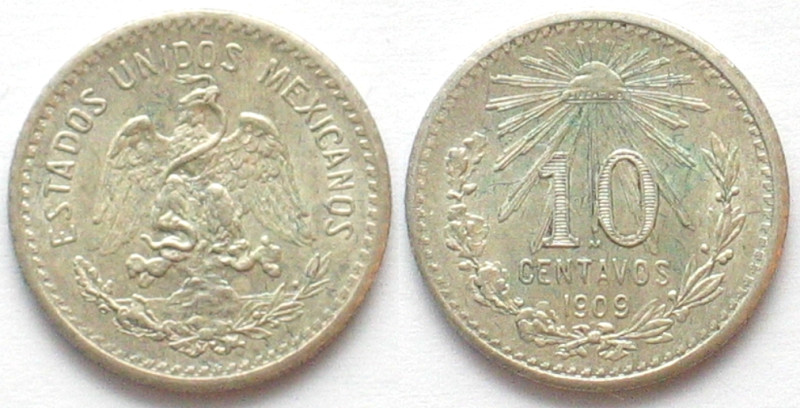 MEXICO. 10 Centavos 1909, silver, UNC! KM # 428