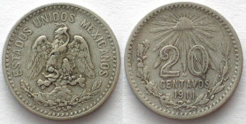 MEXICO. 20 Centavos 1911, scarce date! silver, VF+