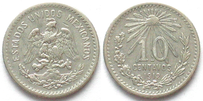 MEXICO. 10 Centavos 1912, scarce date! silver, XF. KM # 428.