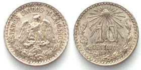 MEXICO. 10 Centavos 1919 M, silver, AU!