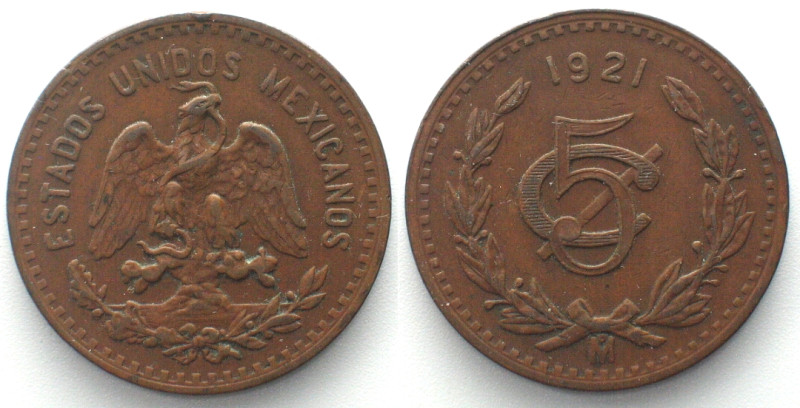 MEXICO. 5 Centavos 1921, bronze, XF. KM# 422.