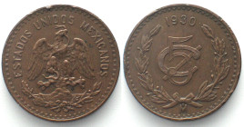 MEXICO. 5 Centavos 1930, bronze, scarce date! UNC-!
