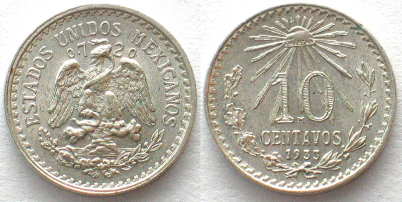 MEXICO. 10 Centavos 1933, silver, UNC-. KM # 431.