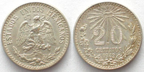 MEXICO. 20 Centavos 1942, silver, UNC-