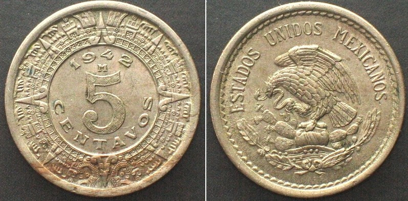 MEXICO. 5 Centavos 1942 M, Cu-Ni, scarce date! UNC-! KM# 423.