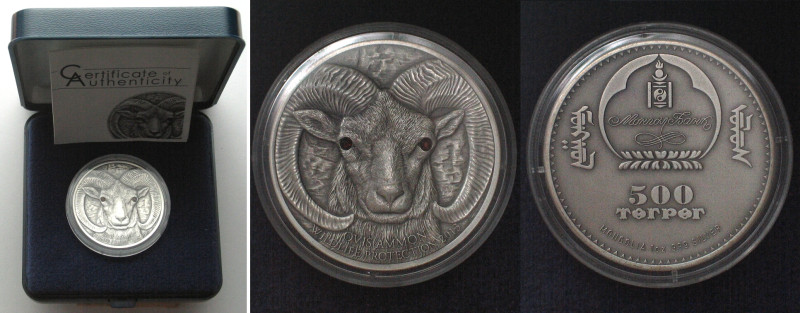 MONGOLIA. 500 Tugrik 2013, WWF Argali Sheep, silver, 1 oz, antique finish, BU. K...