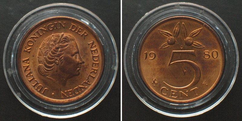 NETHERLANDS. 5 Cents 1980, Juliana, bronze, PROOF. KM# 181.