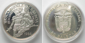 PANAMA. 20 Balboas 1984, Balboa and Indian guide, silver, Proof